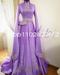 Lilac Lavender Caftan Kaftan Prom Occasion Dresses with Long Sleeve Cape Embroidery Stain Algerian Caucasian evening dress