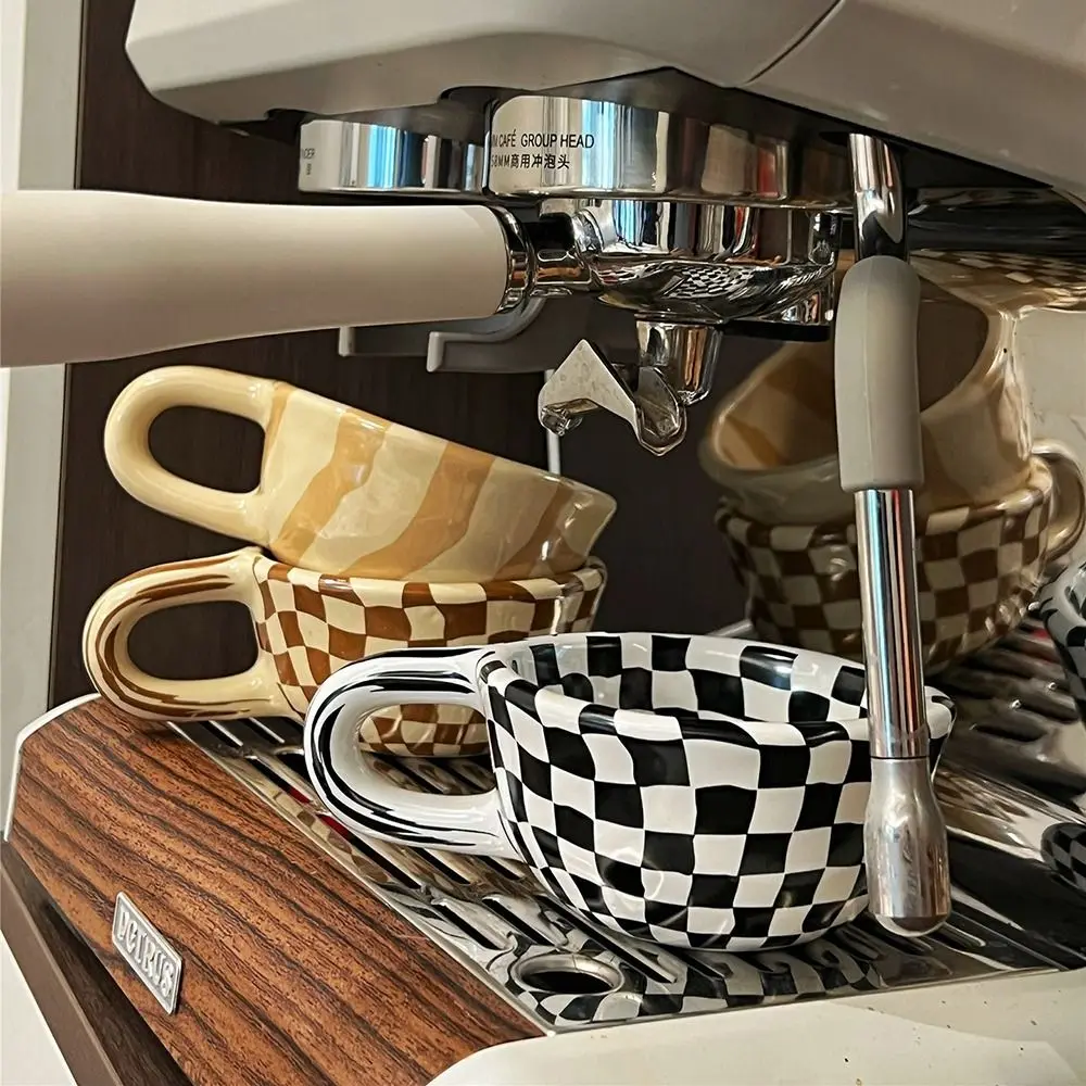 INS Ceramic Coffee Cup Hand Pinched U-shaped handle Irregular Chessboard Mugs Heat-resistant Comfortable Grip