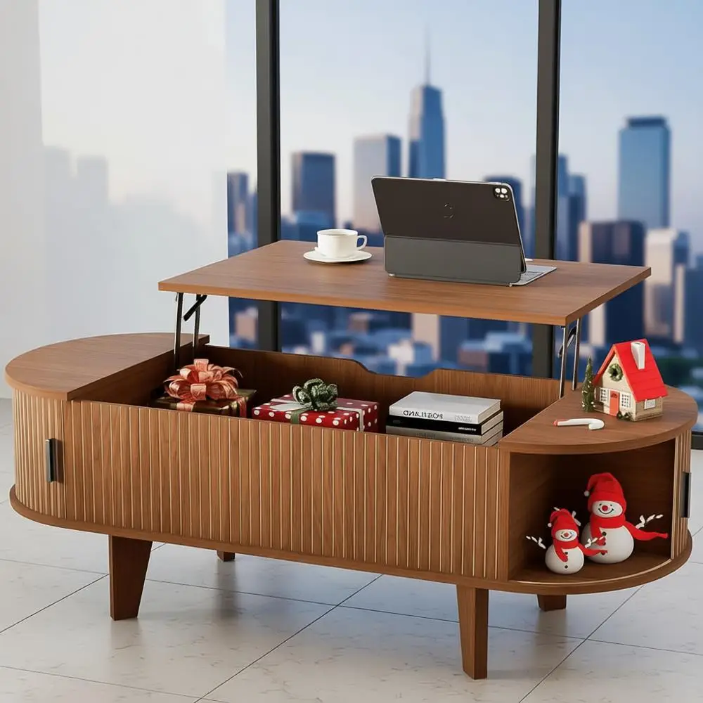 

Mid-Century Walnut Coffee Table with Fluted Lift Top and Sliding Storage, 47.2 Wide