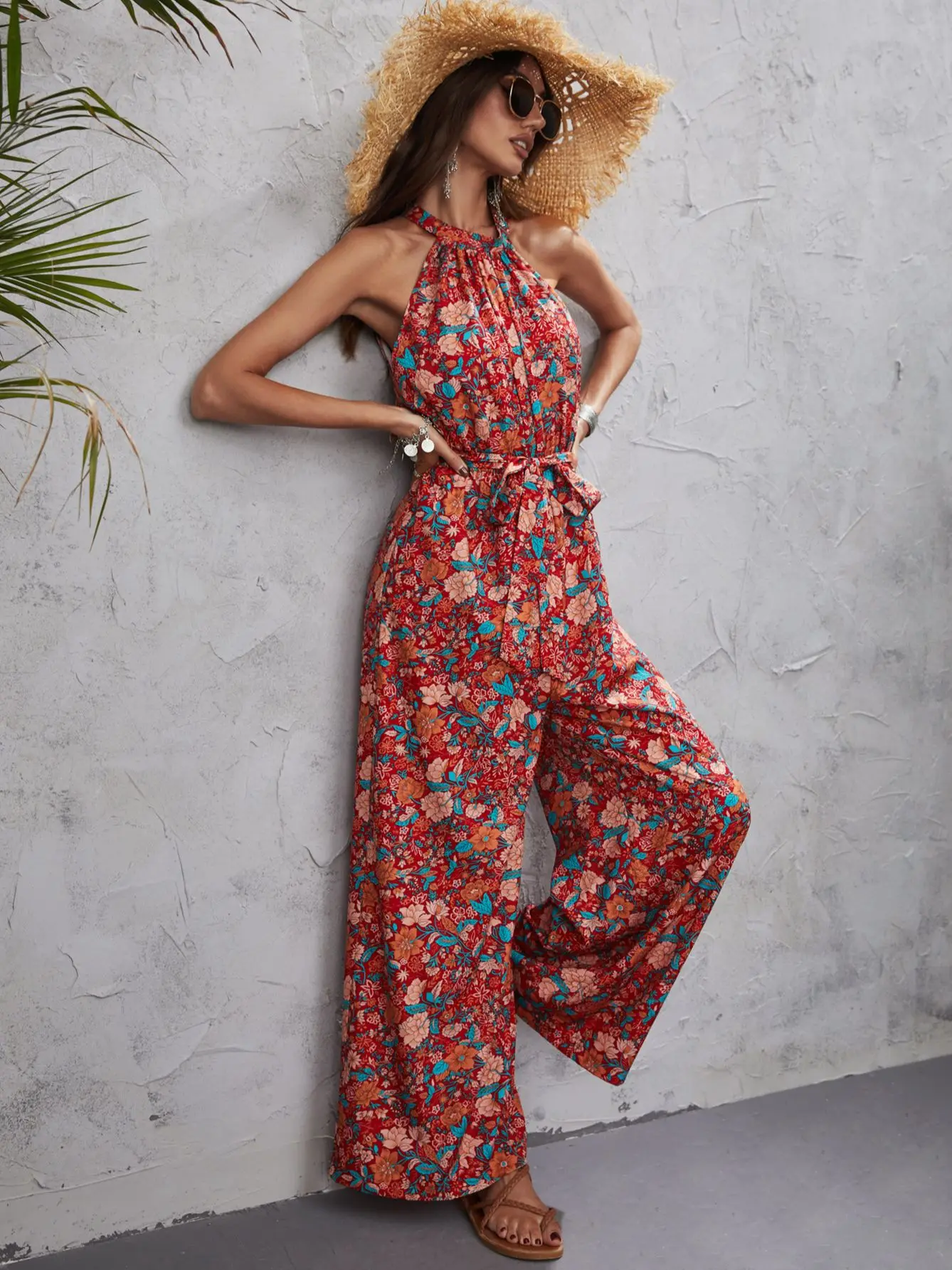 2022 Summer Sexy Floral Print Jumpsuits Women Sleeveless Backless Wide Leg Long Overalls Rompers Female Loose Halter Jumpsuits