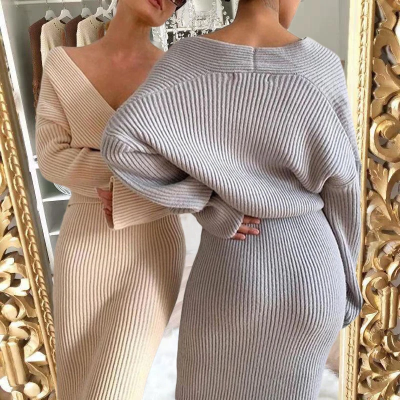 Elegant Solid Knitted Two Piece Set Women Casual Commuter Outfits Sexy V Neck Long Sleeve Sweater Tops Matching Half Skirt Suit