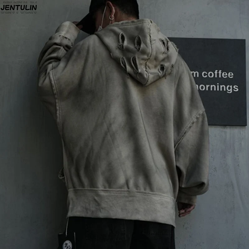 Autumn New Arrival Vintage Tie-Dye Sweatshirt with Ripped Flare Cutout Loosely Fit Streetwear Zipper Jacket Y2k Wasteland Style