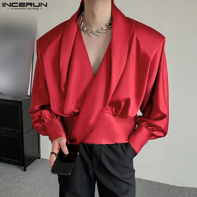 

INCERUN 2024 Handsome Men's Sexy Shoulder Pad Design Shirts Casual Clubwear Male Solid Simple V-neck Long Sleeved Blouse S-5XL