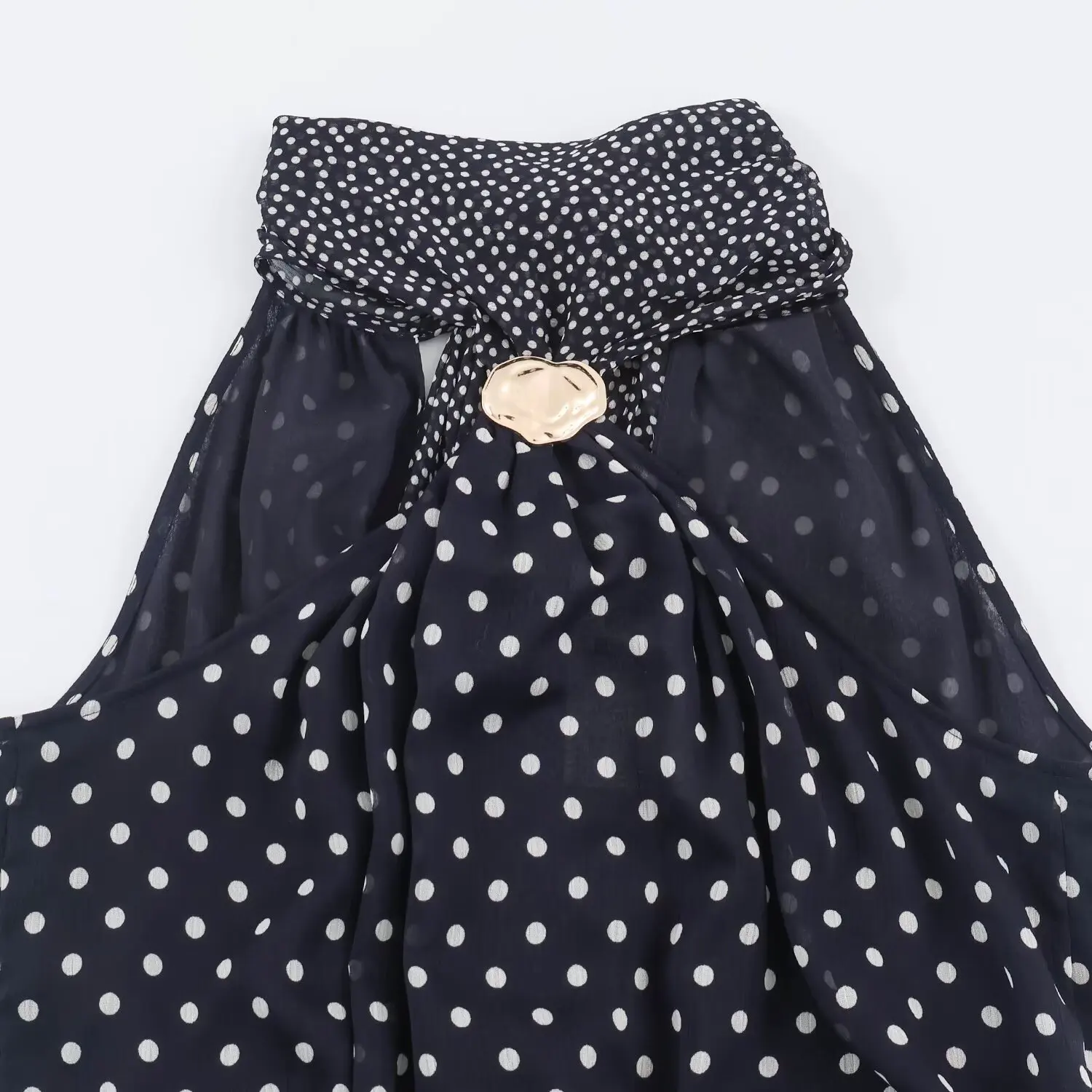 BSAY 2026 Vintage Elegantes Damen Polka Dot Halter-Midikleid mit Metallverzierung, geraffter Taille, plissiert, ärmellos, A-Linie, langes Kleid – Detail 12