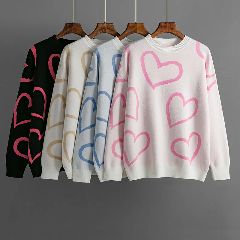 

Pullover Sweater Women Casual Knitting Top Love Print Round Collar Jumper Office Lady Knitted Tops Knitwear Autumn Winter 2025