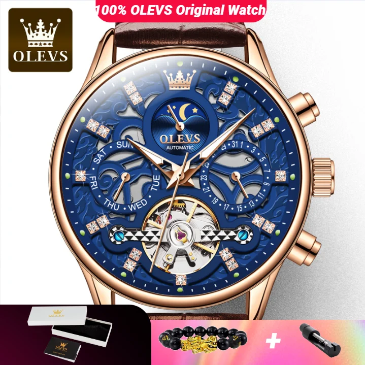 

OLEVS Skeleton Hollow мужские часы с кожаным ремешком водонепроницаемые автоматические механические часы для мужчин 6658