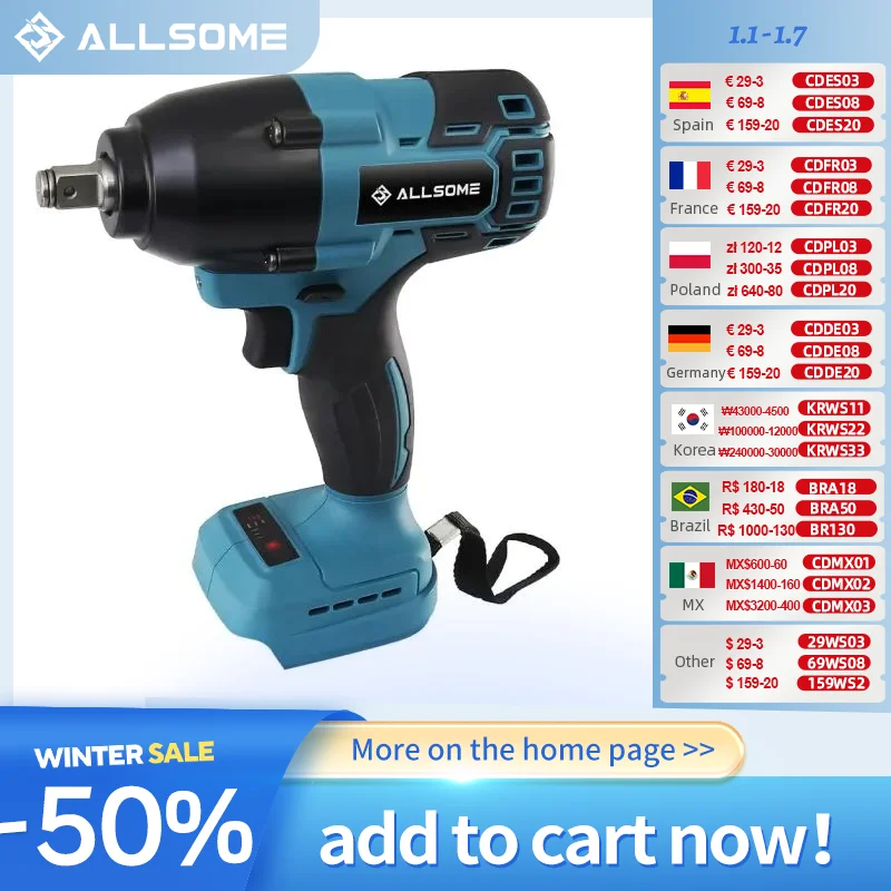 Allsome 500N.m 21v Brushless Cordless Impact Wrench 1/2 inch Compatible Makita 18V Battery for Car Repair Truck Repair