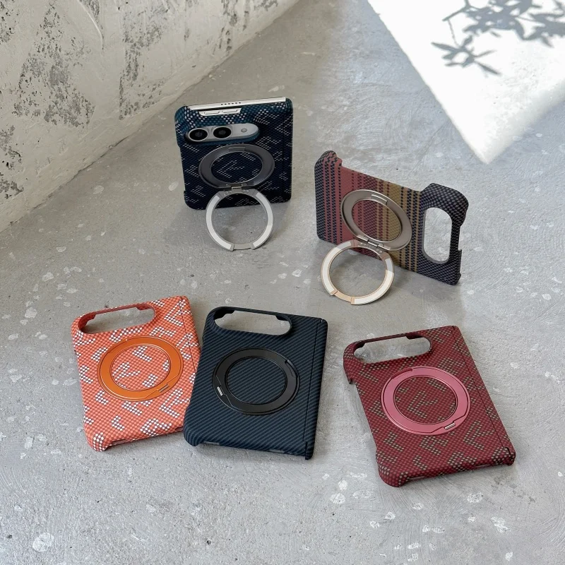 Carbon Fiber Case for IPhone Duo Rotating Kickstand Woven Texture  For Magsafe Magnetic Shockproof Cover