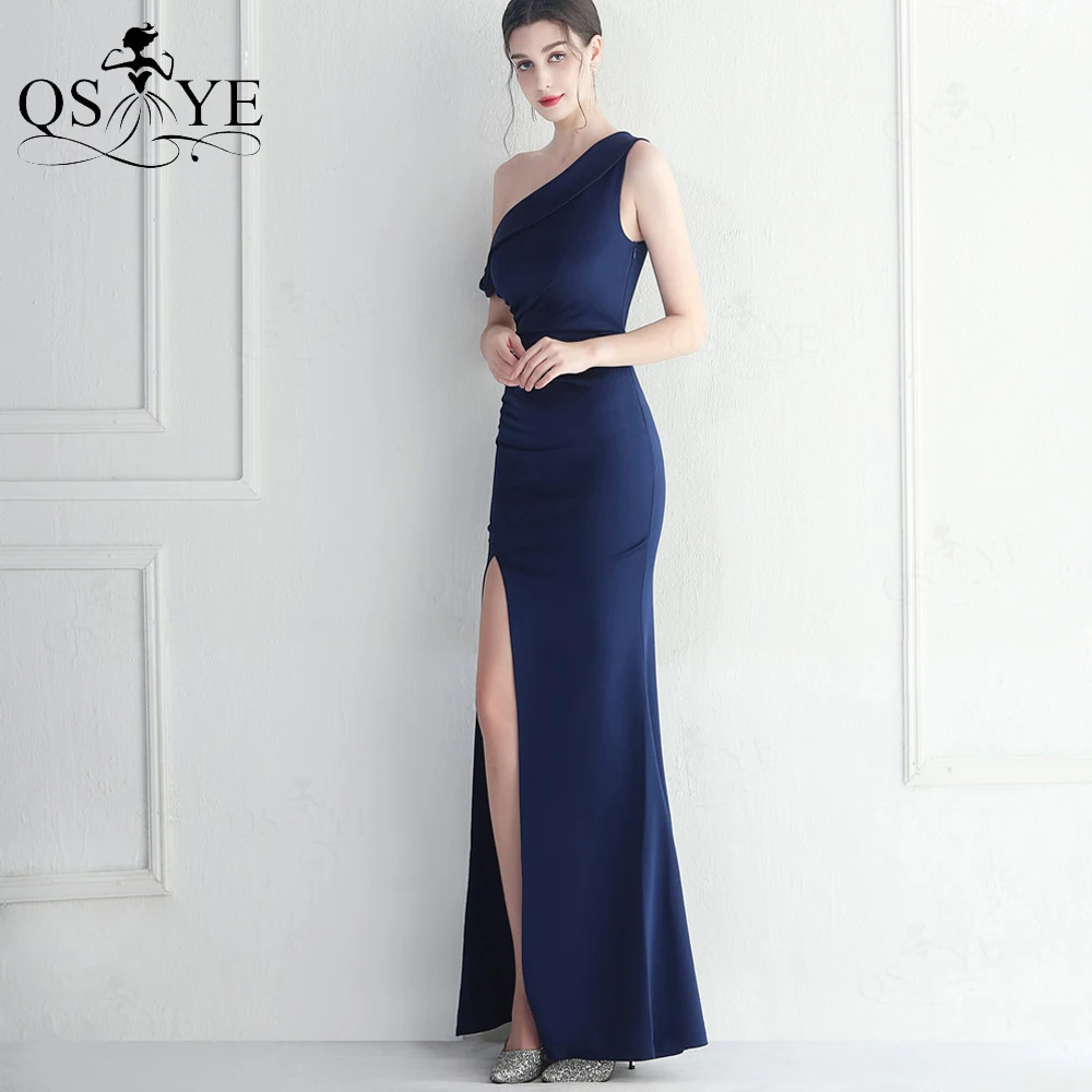 Abiti da ballo blu Navy con una spalla elasticizzato increspato aderente Sexy abito da festa lungo con spacco blu scuro elegante abito da sera da donna damigella d'onore