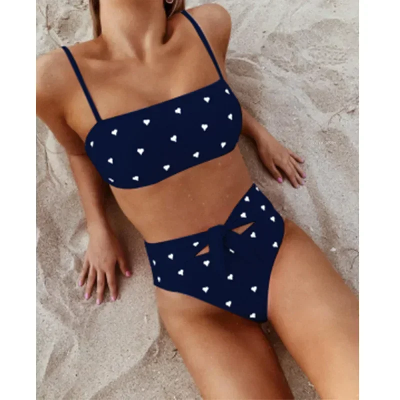 

Sexy Bikinis Solid Push Up Bikini 2024 Padded Bra Straps High Waist Swimsuit Female Swimwear Small Love Heart Print Cute Bra