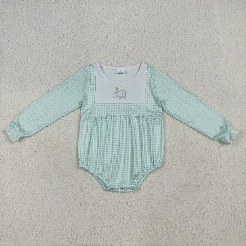 

Christmas new girls rompers wholesale boutique embroidered Jesus green plaid long sleeve jumpsuit