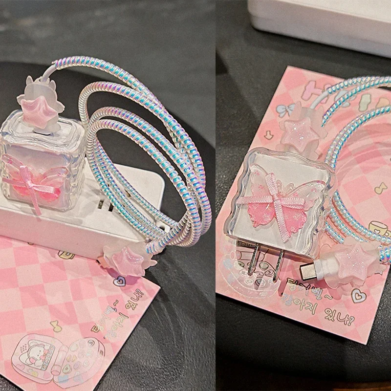 Pink Butterfly Data Cable Protective Sleeve For 17 16 15 18/20W Charger Head Protector Cover Anti-break Protective Rope