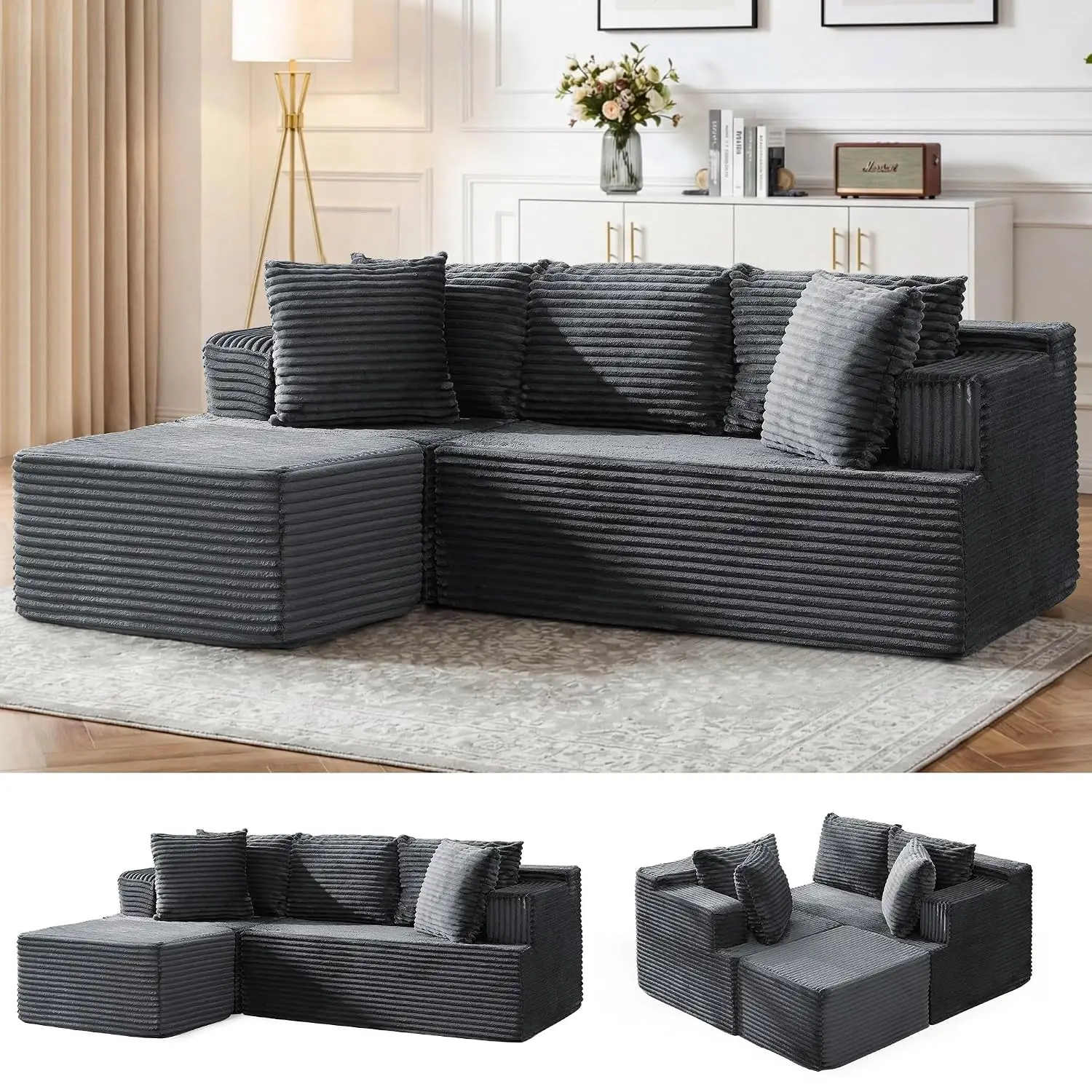 Cloud Modular Sectional Sofa L-Shape Fluffy Corduroy Deep Seat Ottoman Living Room Bedroom Apartment No Assembly, Customized