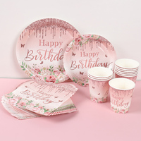 Happy Birthday Tableware 30 40 50th Rose Gold Floral Party Supplies Disposable Paper Plates Napkins Girls Birthday Party Decors