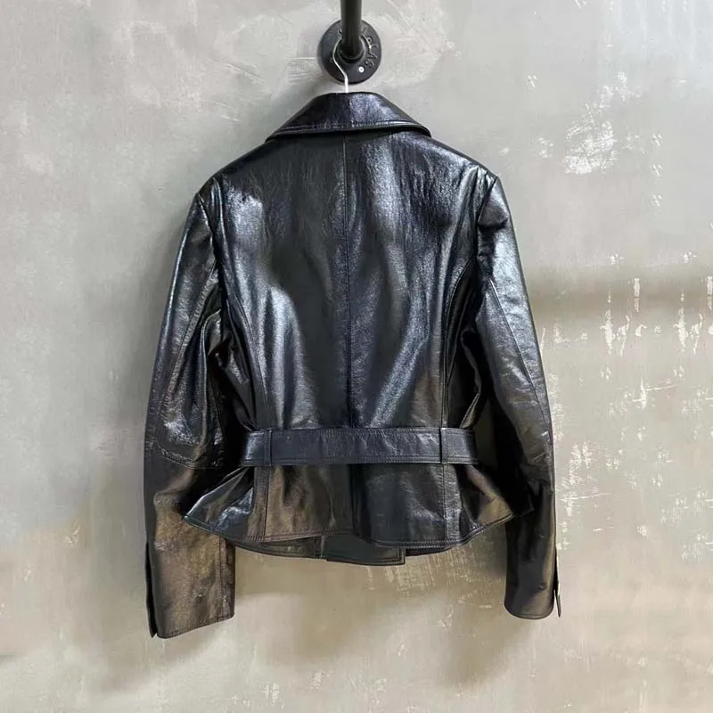 High-End Luxury Leather Jacket Women Coat Spring And Autumn 2024 Turn-Down Collar Clothes With Belt Double Breasted