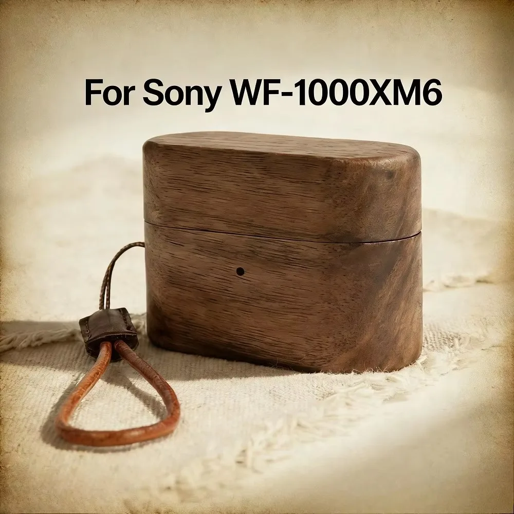 Walnut Headphone Case for Sony WF-1000XM6 Bluetooth Earphone Solid Wood Protective Cover Headset Sleeve with Hand Strap Lanyard