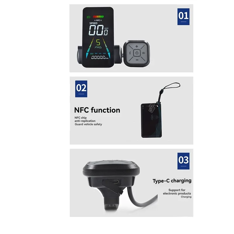 

ABVE-E-Bike Color LCD Display NFC UART Interface 24V/36V/48V/60V Speedometer Meter For Electric Scooters