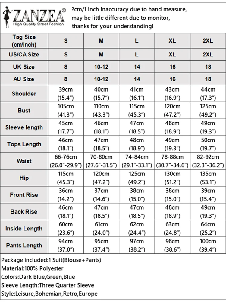 ZANZEA 2PCS Vintage Women Matching Sets Summer Outfits Fashion O Neck 3/4 Sleeve Printed Blouse Wide Leg Trousers Suit Oversize