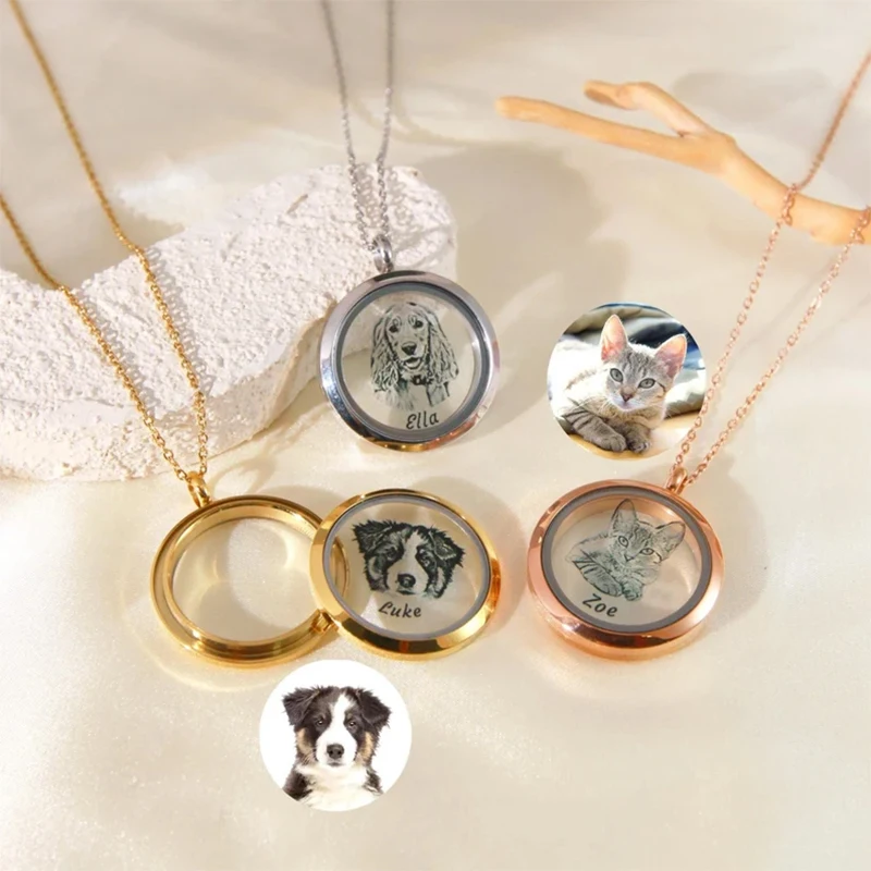 

Personalized Pet Fur/Ashes Necklace Custom Pet Dog Cat Portrait Photo with Locket Memorialize Loss Pet Anniversary Gift