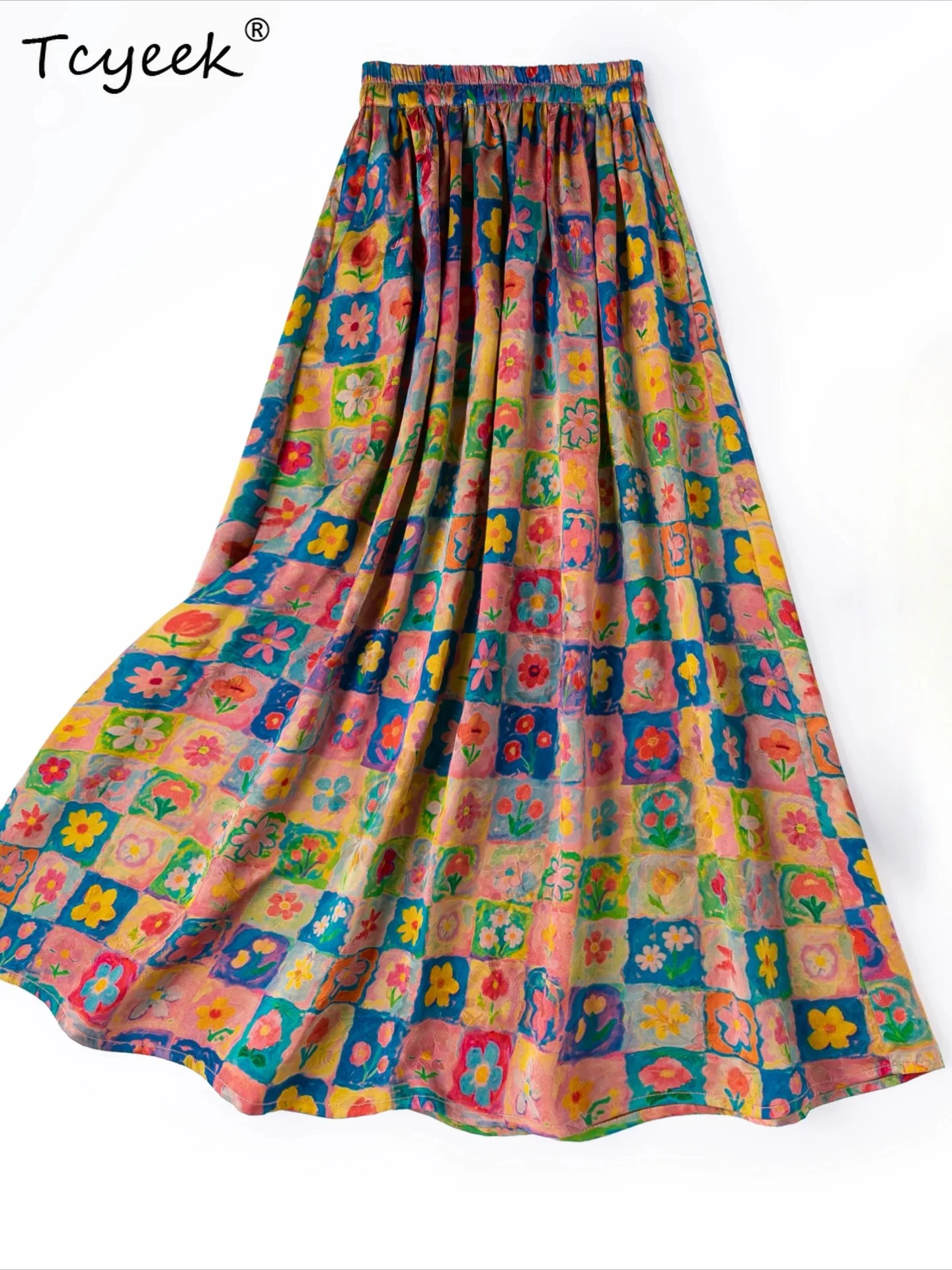 Tcyeek 100% Real Mulberry Silk Elegant Skirt for Woman Fashion Summer Clothes Womens Skirts Jacquard Beach Skirt Elastic Waist