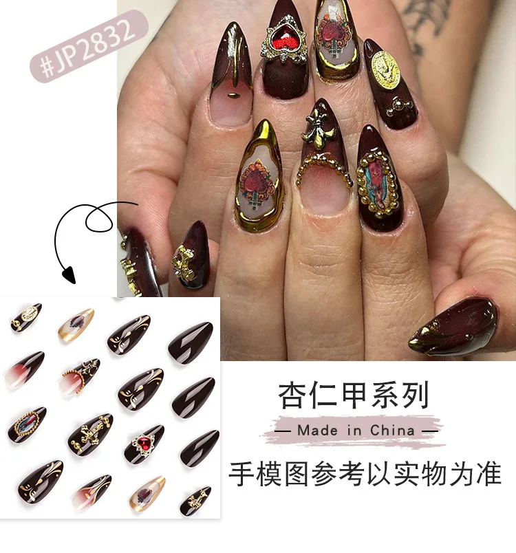 24Pcs Almond False Nail Relief sculpture  cross  beauty love  gemstone Wearable Handmade Manicure Fake Nail