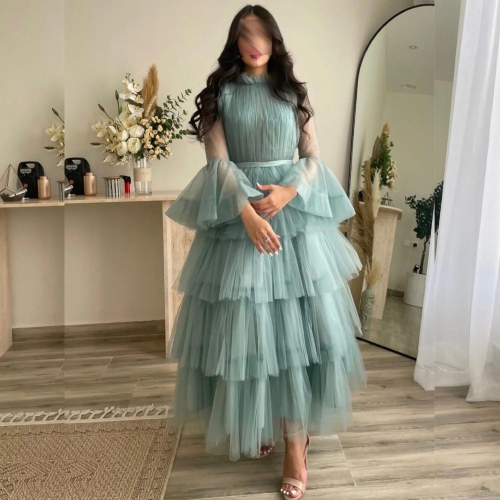 Customized Fashion Net Pleat Tiered A-line High Collar Midi Dresses Evening Dresses Classic Exquisite Modern Style Pastrol Unise