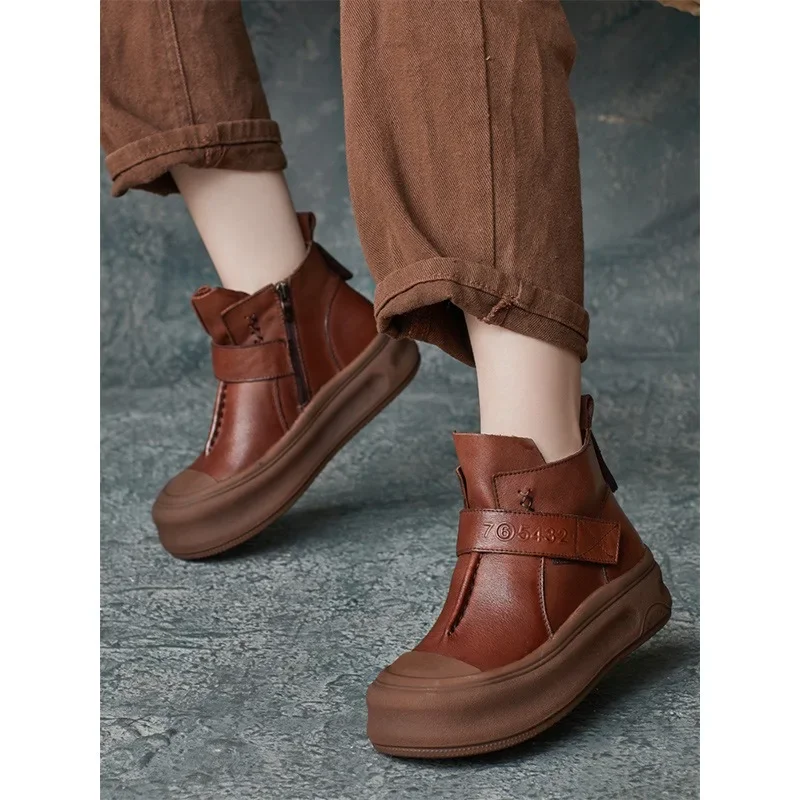 Birkuir retro plataforma plana botas de tornozelo para mulheres lado zip gancho loop botas curtas apartamentos de luxo artesanal botas de couro genuíno