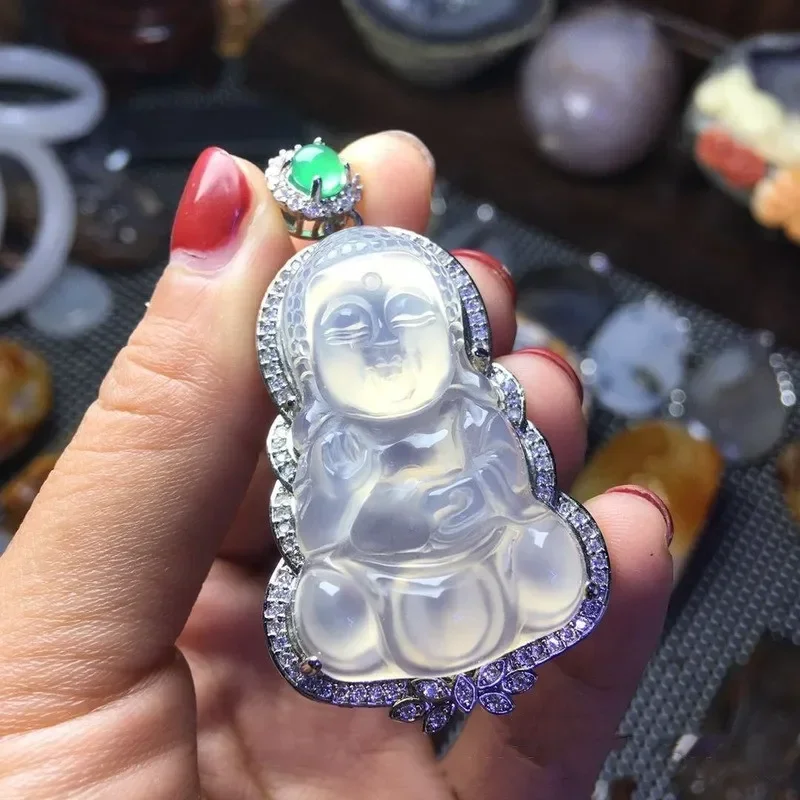 

Natural High Ice White Jade Pith Baby Buddha Pendant Agate Fashion Versatile Necklace Jewelry
