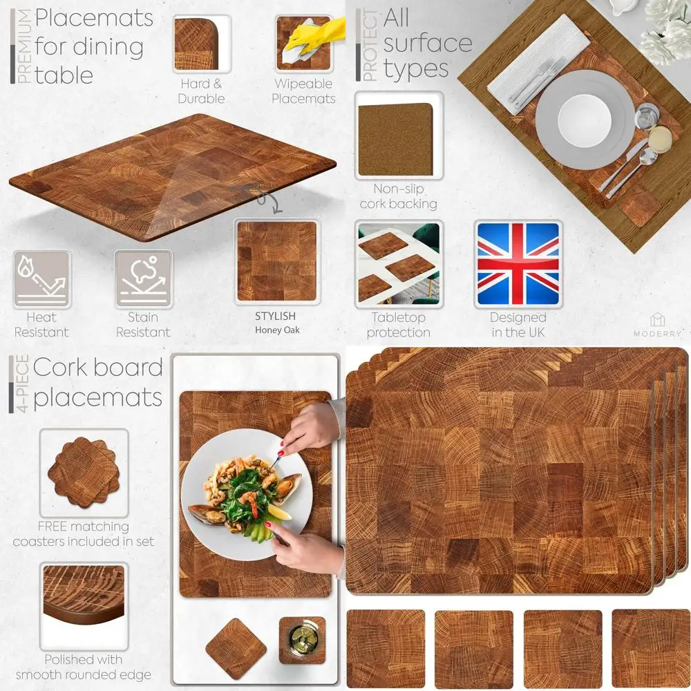 

4-Piece Marble-Inspired Cork Placemats Set with Matching Coasters, 16x12 inches, Heat Resistant for Dining