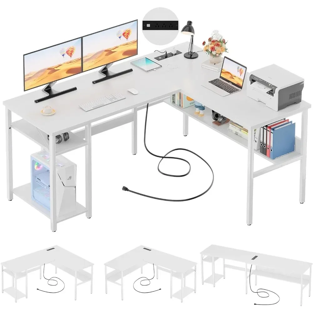 

Reversible L Shaped Computer Desk with Magic Power Outlets and USB Charging Ports, Easy to Assemble, White