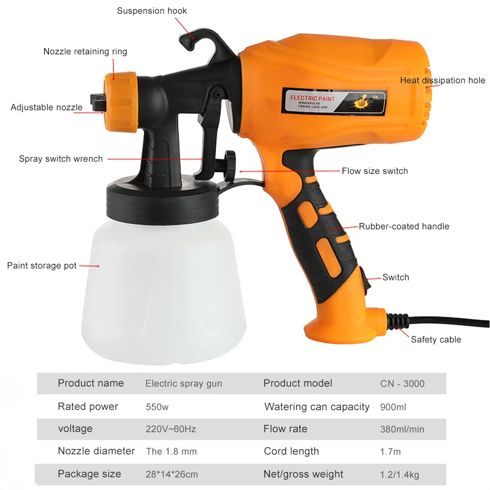 Imagem -02 - Pistola Elétrica 500w 900ml Hvlp Pulverizador Doméstico Pintura Controle de Fluxo Fácil Pulverização Emulsão Portátil Pistola de Pintura