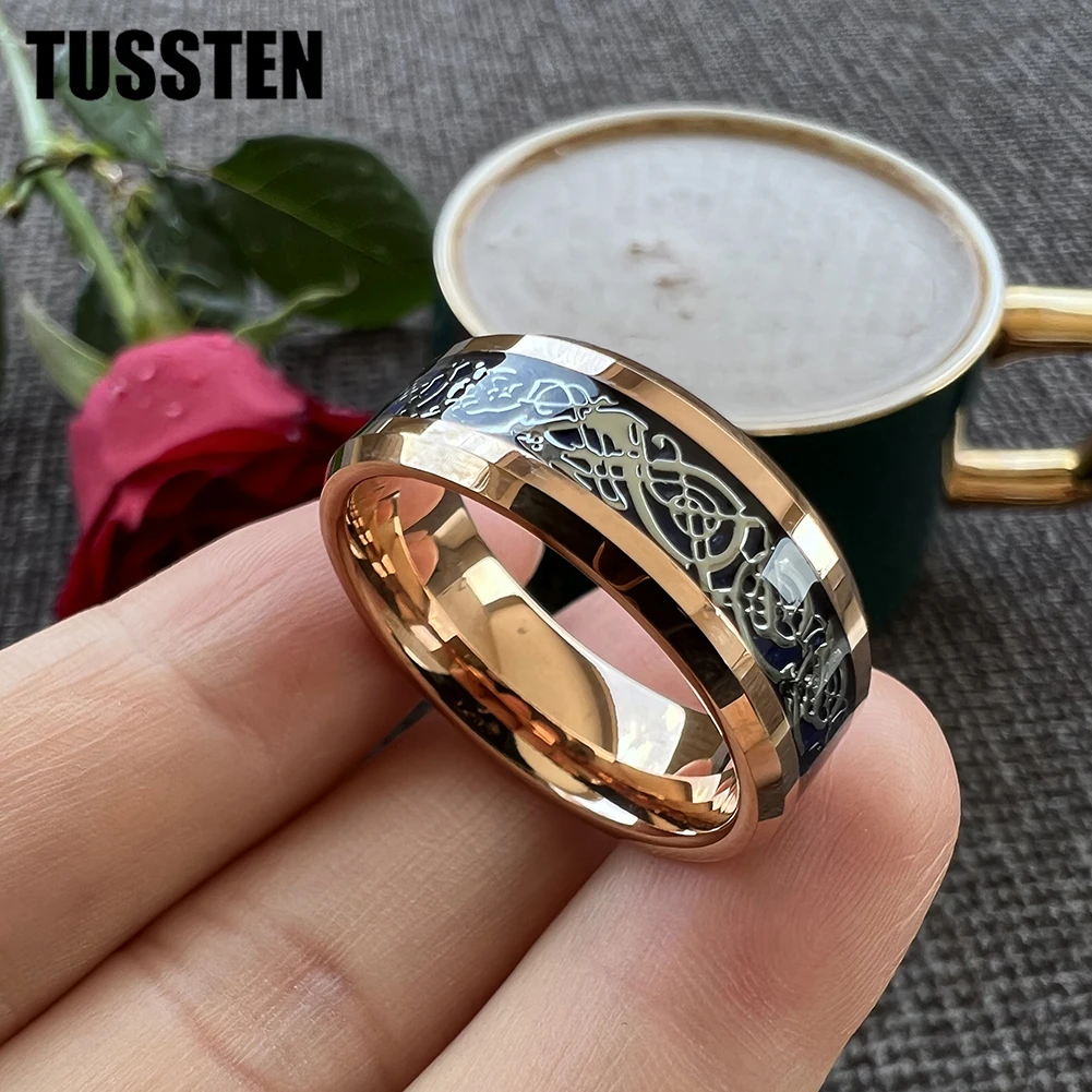 TUSSTEN 6/8MM Dragon Ring Tungsten Wedding Band For Men Women Beveled Polished Edges Classic Jewelry Comfortable Fit