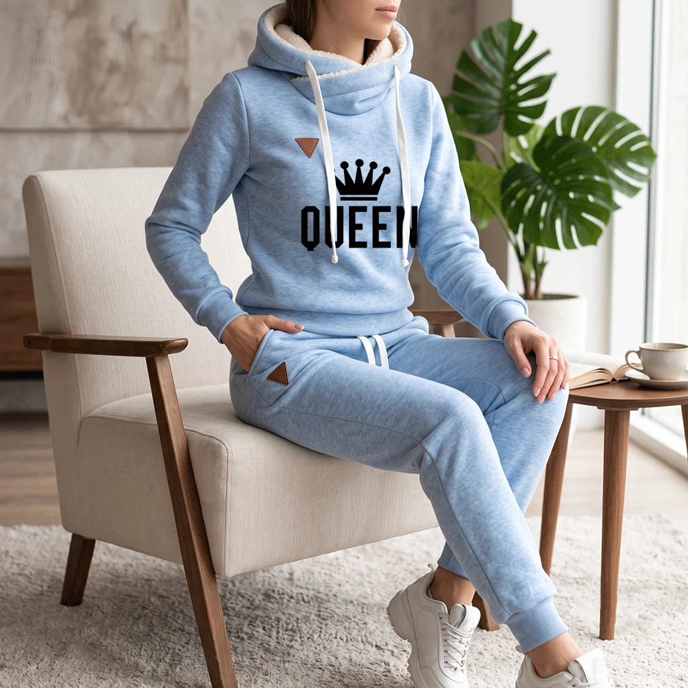 Winter Warm Women Tracksuit 2 Piece Set Thick Fleece Lined Hoodie and Sweatpants Queen Print Casual Sportswear Matching Suit