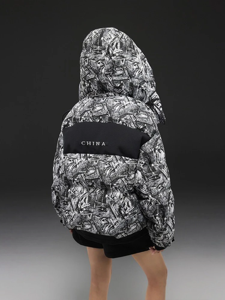 Piumino stampato 90% piumino d'anatra bianca donna casual abito corto da pane 2025 nuovo inverno spesso caldo parka da neve capispalla