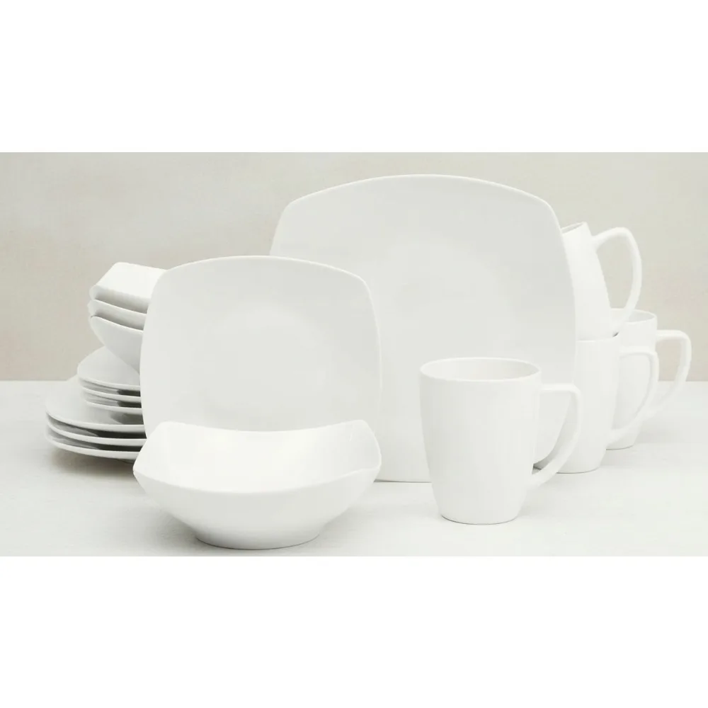 

Square Porcelain Dinnerware Set 16pcs Chip Scratch Resistant Heat Safe White Dishes for Family Dining