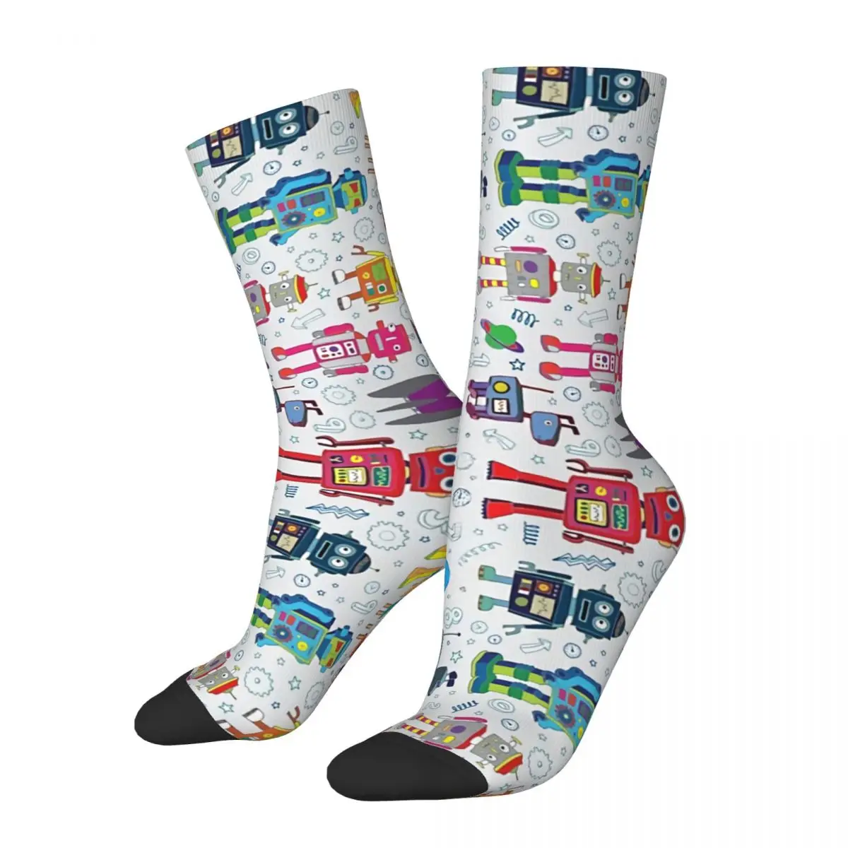 

Crazy Sock for Men Robots In Space Grey Fun Robot Pattern By Cecca Designs Hip Hop Vintage Art Printed Boys Crew Sock