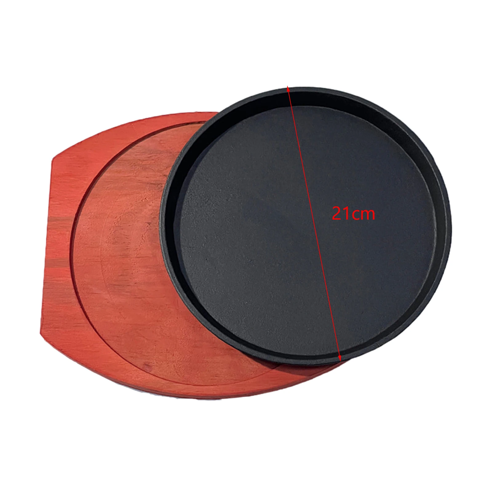 Cast Plate with Wooden Base Personal Size Round Sizzling Grilling Pan for Restaurant Serving Kitchen Household