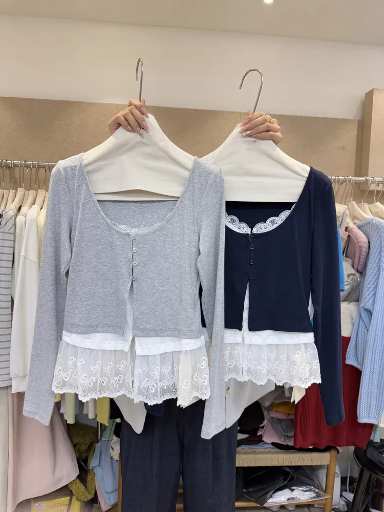 

Корейский весенний артистичный свободный кардиган в стиле Sweet Spicy Girl, женский вязаный свитер с длинными рукавами и кружевной отделкой