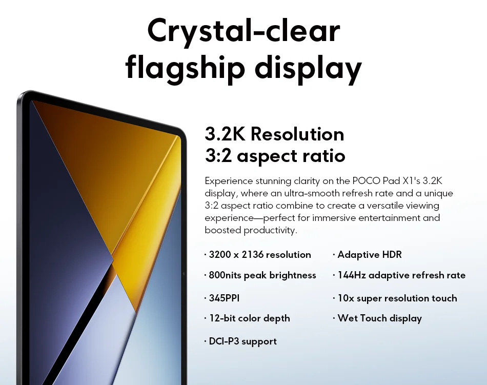 Global Vesion POCO Pad X1 11.2" 3.2K 144Hz Display Snapdragon 7+ Gen 3 8850mAh Battery 45W Turbo Charging 13MP Quad Speakers
