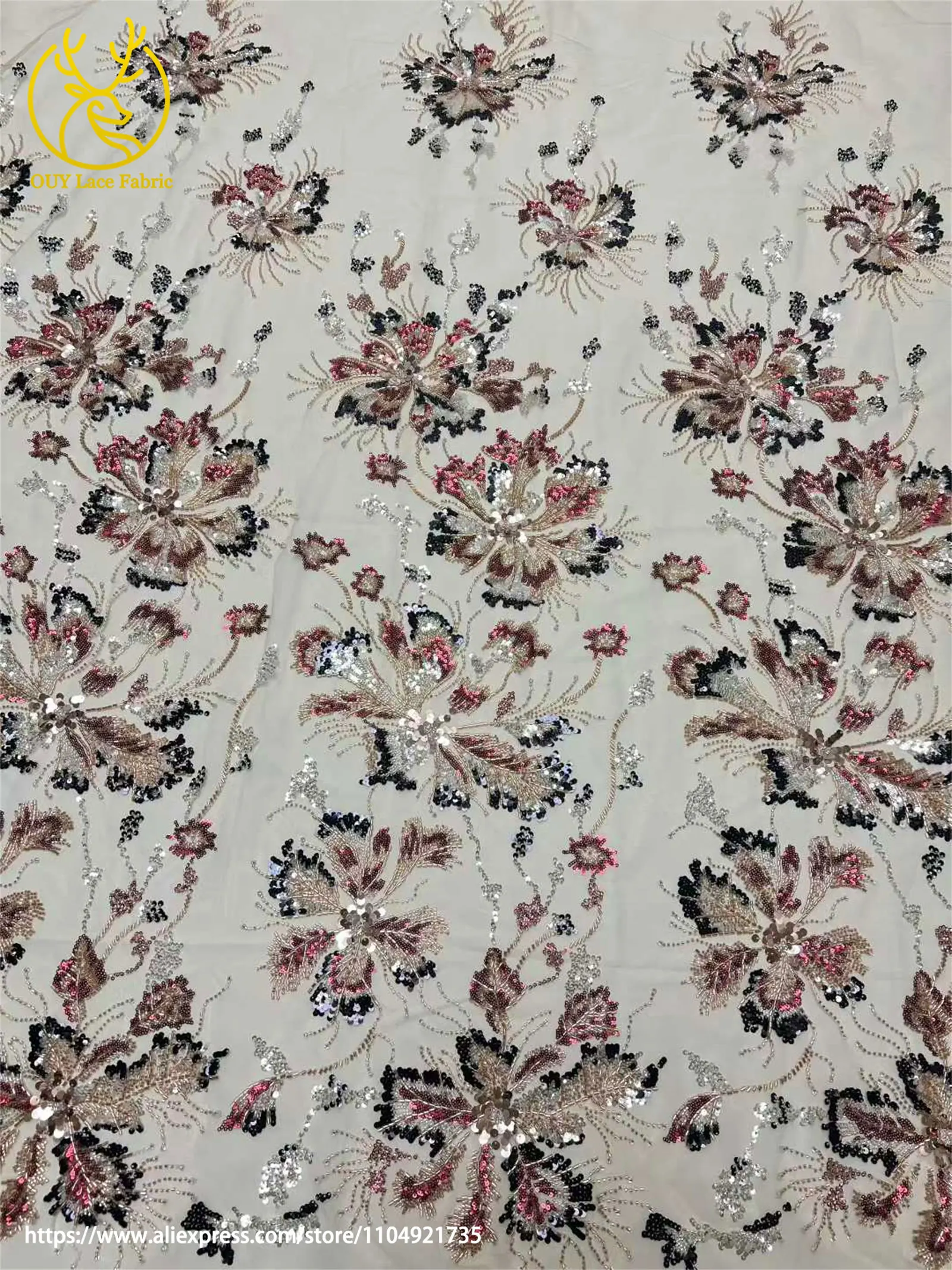 Afrikanischer Netz-Stickerei-Pailletten-Spitzenstoff 2026 Luxuriöser Französischer Tüll Perlenbesetzter Stoff für Damen-Partykleider Nähstoff 5 Yards – Detail 8