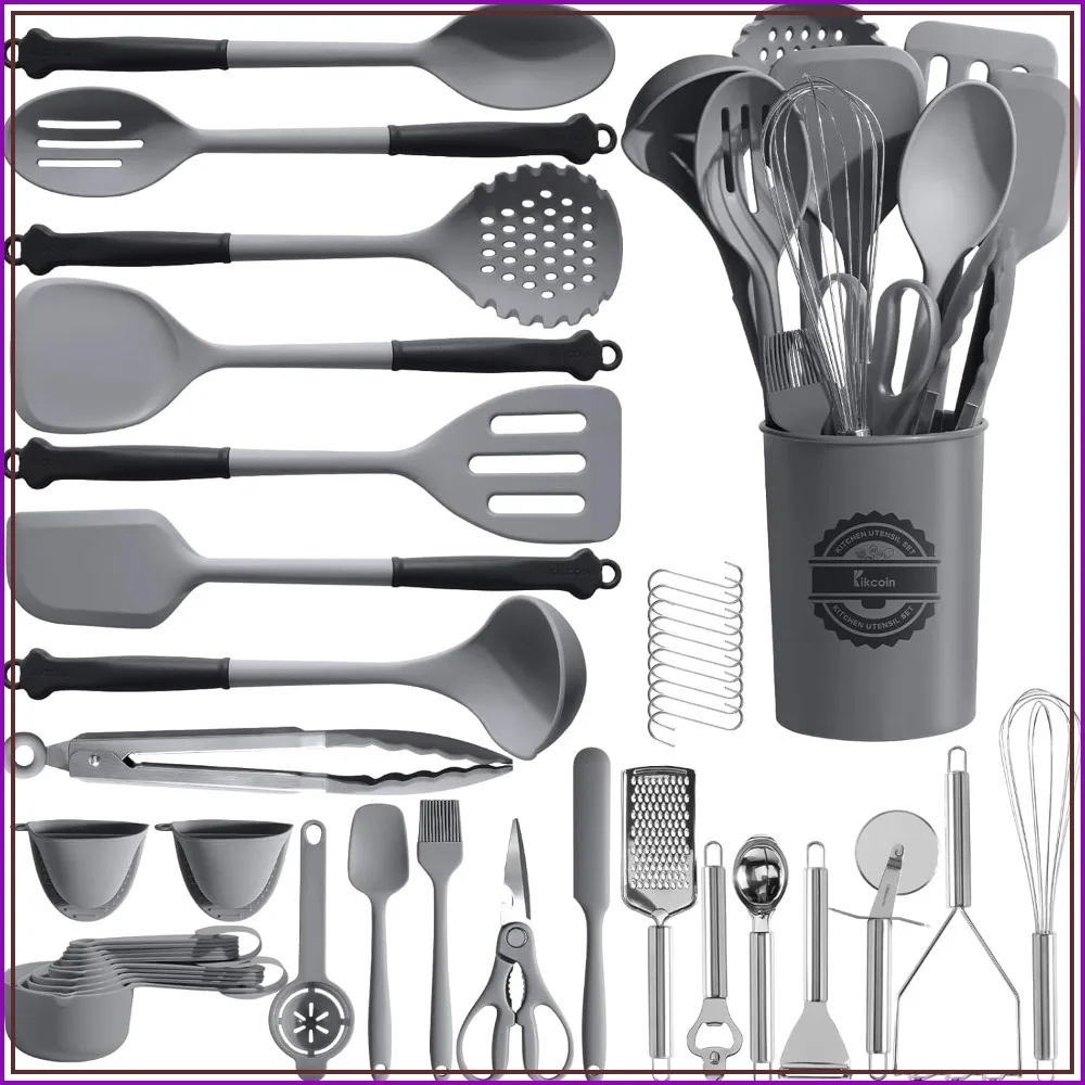 

43Pcs Large Kitchen Utensils Set - Silicone Cooking Utensils, Dishwasher Safe Spatula Set for Non-stick Cookware, 446°F Heat Resistant with Holder, BPA Free, Grey