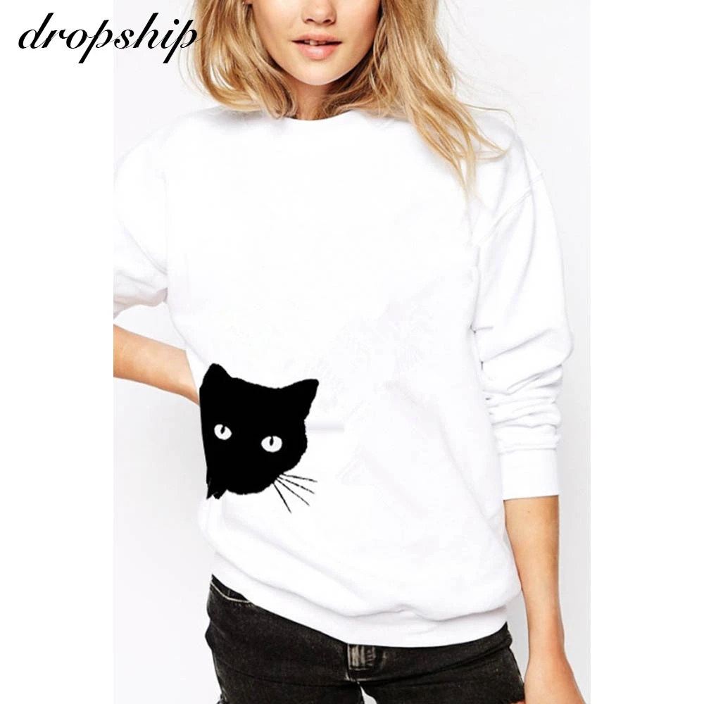 

2022 Women's Cat Print Loose O Neck Long Sleeve Casual Hoodies Autumn Long Sleeve White Grey Black Sweatshirt For Women