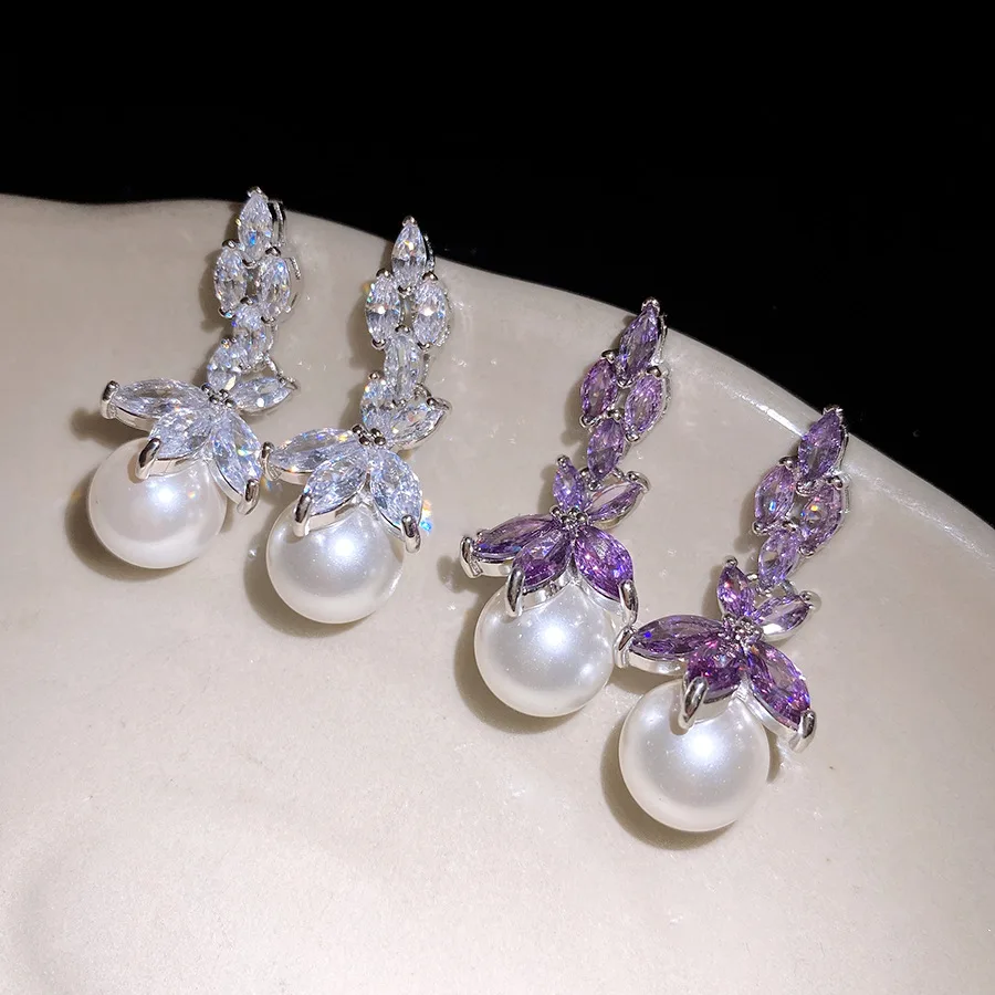 Transparent Oval Cubic Zirconia Flower Dangle Earrings Women Imitation Pearl Pendant Earrings Elegant Fashion Banquet Jewelry K