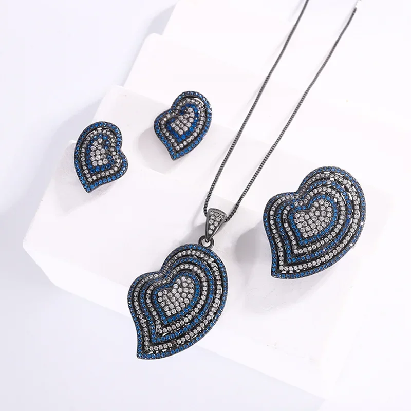 S925 Silver Plated 18K Gold Plated PT950 Platinum Blue Spindle Heart-shaped Full Diamond Black Gold Set Women's Jewelry