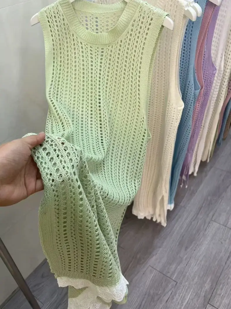 Dresses for Women Summer New High-end Designed Loose Simple Casual Temperature Niche Chic Hollow Slit Mid-length Knitted Dress