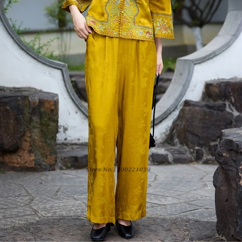 2025 pantaloni popolari vintage cinesi pantaloni jacquard in raso retrò pantaloni larghi etnici tradizionali pantaloni larghi in vita elastica