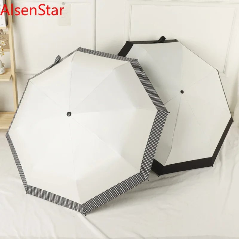 guarda-chuva-dobravel-xadrez-com-cabo-imitacao-madeira-protecao-uv-em-vinil-portatil-feminino-manual-para-sol-e-chuva-de-verao