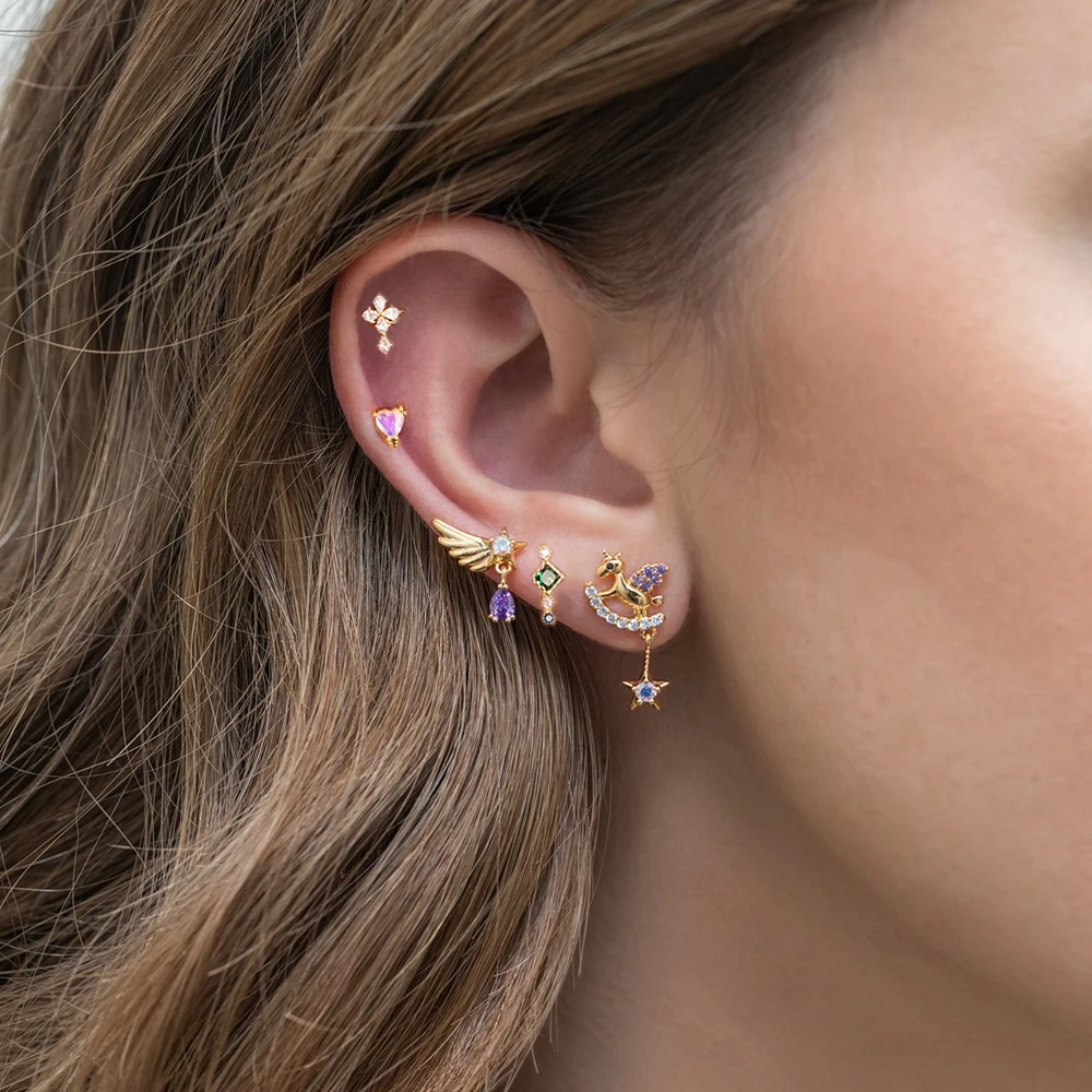 2PC Stainless Steel Cross Stud Earrings Women CZ Zircon Tragus Cartilage Helix Butterfly Heart Daith Earrings Fashion Jewelry