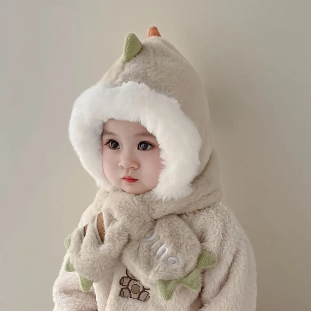 

Милая интегрированная шапка и шарф, ветрозащитная теплая теплая шапка с динозавром, холодостойкая шапка-бини, детская шапка