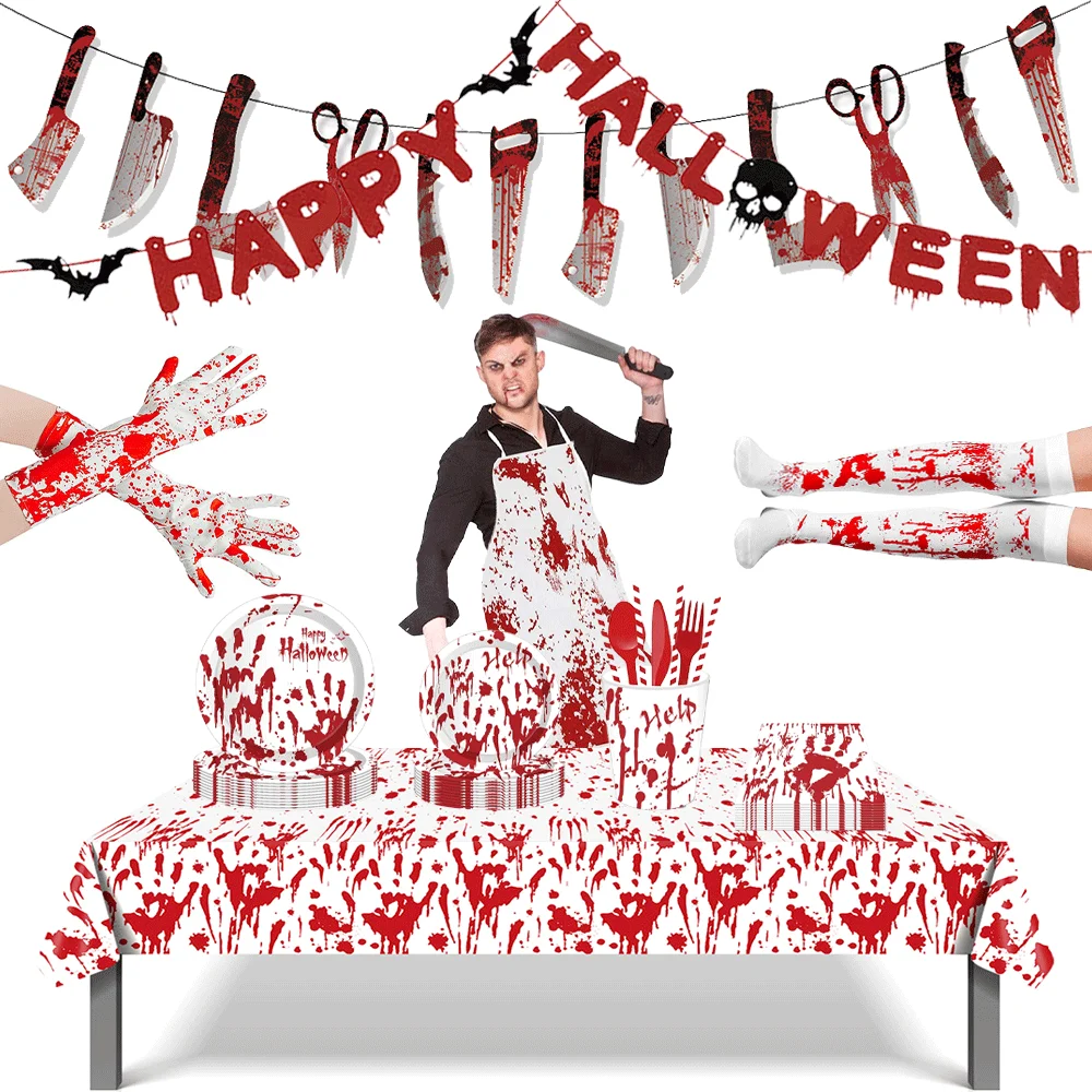 Halloween Scary Blood Hands Disposable Tableware banner Tablecloth Apron Gloves Socks Horror Halloween Decoration Party Supplies